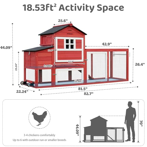 Chicken Coop with Wheels for 4-6 Chickens, Mobile Hen House with Run, Outdoor Chicken Coop, Ventilated Window, Easy-Clean Nesting Box, Weatherproof Asphalt Roof, 82.7” L x 25.6” W x 44.1” H, Red - color: Red
