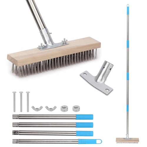 Heavy Duty Wire Broom with 70.8" Telescopic Handle: Stainless Steel Outdoor Broom for Cleaning Moss Concrete Floors Grout Gardens Patio Deck Concrete Garage (Style 2) - color: Apricot- 70.8 Inch