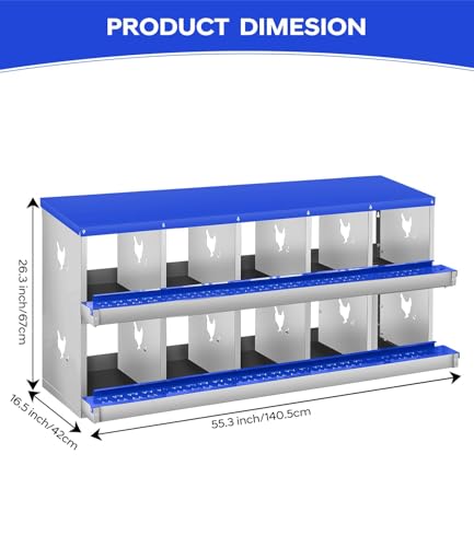 10 Compartment Chicken Nesting Boxes, Metal Roll Away Egg Laying Boxes with Removable Tray & Lid Cover, Chicken Coop Nest Box for Hens, Egg Protection Design (Without Legs) Green - color: Blue, size: 10 hole - without leg