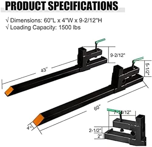 Clamp On Debris Forks To 48-60" Bucket, Heavy Duty Pallet Fork Fit For Loader Bucket Skidsteer Tractor,60''with Stabilizer Bar 1500LBS - size: 60''with Stabilizer Bar 1500LBS
