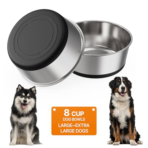 Food Grade 304 Stainless Steel Dog Bowls with Non-Slip Rubber Bottom,Food and Water Bowl for Feeding Dogs and Cats, Dishwasher Safe, Rust Resistant, BPA Free(Set of 2) (Black, 8 Cup) - color: Black, size: 8 Cup