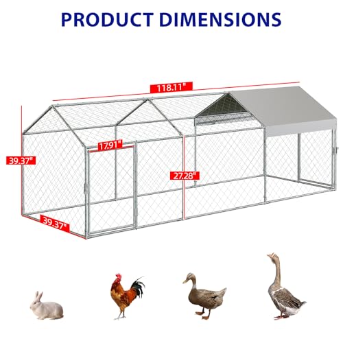Garvee Large Metal Chicken Coop with Run, 120 in x 40 in x 40 in Chicken Run with Cover, Outdoor Walk in Poultry Cage, for Small Animals Duck Rabbit Hen Chicken Supplies - Silver