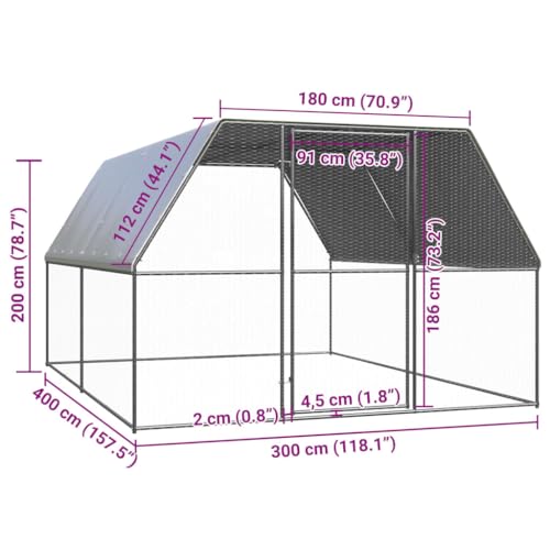 118" Galvanized Steel Chicken Coop with Lockable Walk-in Door, UV PE Cover, Secure Backyard Run - color: Silver, size: 118.1 x 118.1 x 78.7 in (W x L x H)