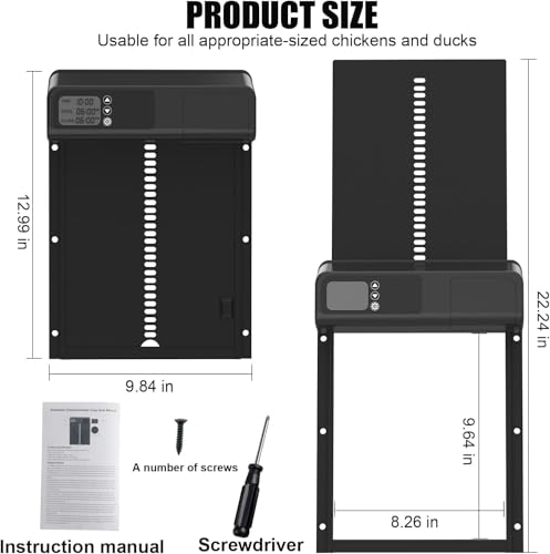 Automatic Chicken Coop Door with Timer, Gear Lifter Poultry Gate,Battery Powered, Evening and Morning Delay, Full Aluminum Door, Automatic Chicken Door Opener with LED Liquid Crystal Display (V-Black)