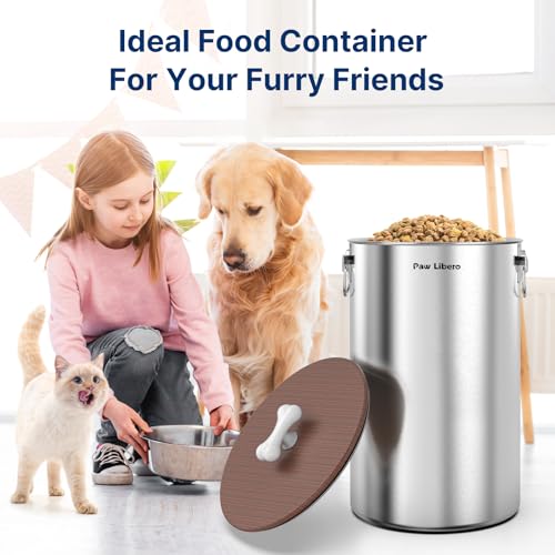 Paw Libero 35 Lbs Stainless Steel Dog Food Storage Container with Airtight Wooden Lid & Ceramic Bone Handle, Large Metal Dog Food Bin, Pet Treat Jars for Dogs & Cats, Keep Fresh, Easy to Clean - size: 35 lbs - 1pk