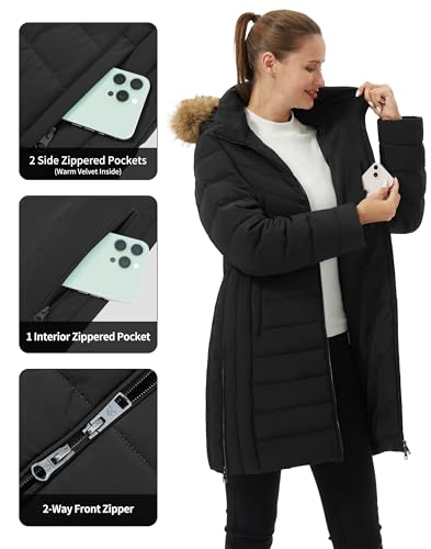 Pioneer Camp Women's Winter Coats Warm Thicken Long Puffer Jacket Waterproof Quilted Parka with Removable Faux Fur Hood - color: Black, size: Small