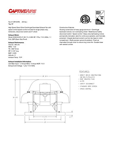 CAPTIVE-AIRE Direct Drive Centrifugal Downblast Roof Mounted Exhaust Fan with Speed Control- 19" Fan Base, 0.060 HP 115 Volt Single Phase Motor (DR-10HFA) - size: DR-10HFA.