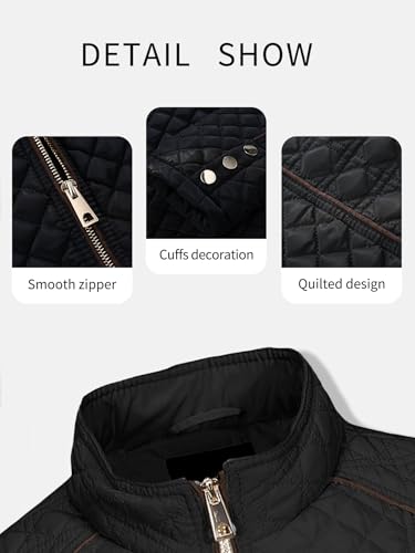 Bellivera Women's Stand Collar Lightweight Quilted Puffer Jacket | Casual Padded Zip Long Sleeve Coat for Spring and Winter with Pockets - color: Black, size: Large