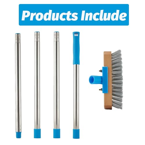 YONILL Stainless Steel Deck Scrub Brush with Long Handle - 60" Heavy Duty Floor Scrubber Brush with Pole, Moss Remover Wire Cleaning Brushes for Rough Surface, Concrete Floor, Patio, Garden, Garage - color: Blue