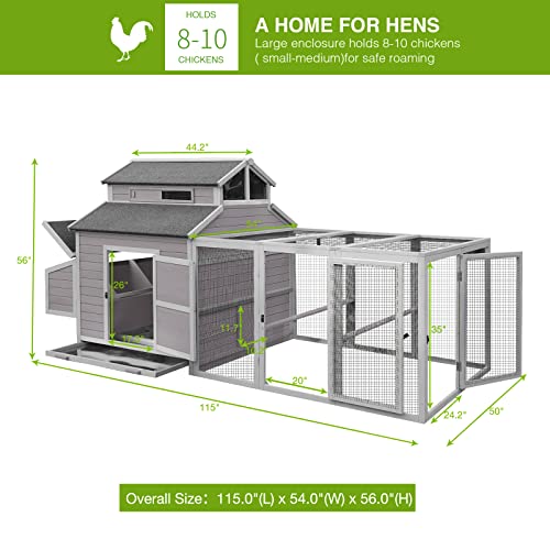 GUTINNEEN Chicken Coop Large Hen House for 8-10 Chickens Wooden Poultry Cage with Run and Nesting Box 115in - color: Grey, size: 115.0"L x 54.0"W x 56.0"H