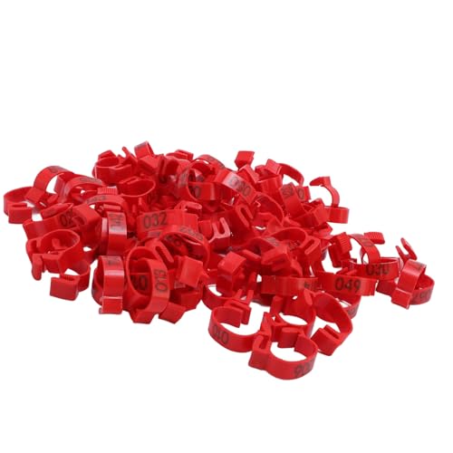 100PCS 20mm Chicken Leg Bands, 001 to 100 Numbered Colorful Chicken Birds Poultry Identification Leg Bands for Chicks Ducks Pigeons Goose Quail Yellow (red) - color: red
