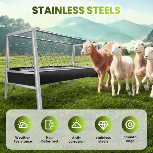 77-Gallon Large Capacity Stainless Steel Goat Feeder & Hay Rack, Dual Trough Livestock Feed/Water Trough for Goat Shelter, Horse Barn, Cattle Shed, with Elevated Feeding Platform