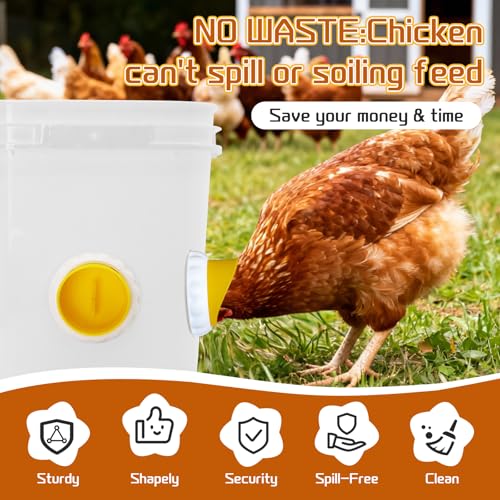 DIY Chicken Feeders 4 Ports Yellow No Waste | Automatic Rain Proof, Poultry Feeder Kit, Includes 1 Hole Saw, for Buckets Barrels Bins Troughs - color: Yellow