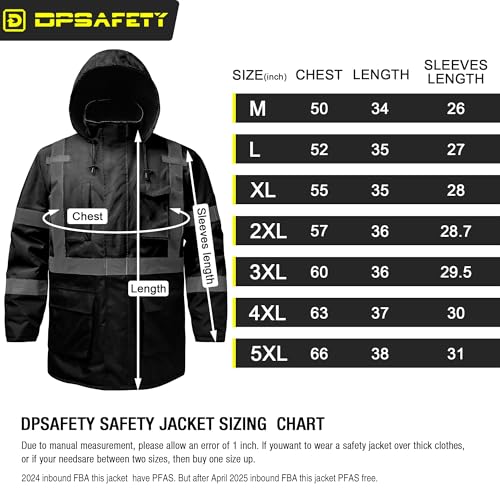 Reflective Jacket, High Visibility Parka, Waterproof Hi Vis, Safety Jacket with Removable Hood and Zipper, ANSI Class 3 (Black,Large) - color: Black-parka, size: Large