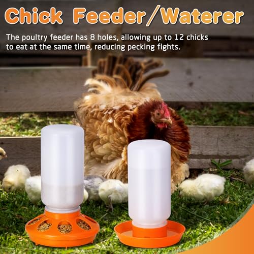 Chick Feeder and Waterer Kit, 2-in-1 Chick Starter Set, 0.3Gal Chicken Feeder and Waterer Set, Baby Chick Starter Kit for Poultry (Orange, 1L) - color: Orange