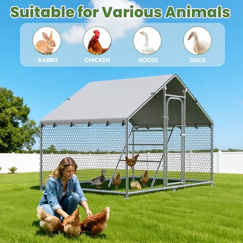 Large Chicken Coop with Roosting Perch, Waterproof and UV-Resistant Cover,10’ W x 4.9’ L x 6.4’H Metal Chicken Run Outdoor Walk-in Cage Rabbit Hen House Duck for Yard Farm, Spire Roof - size: 59.9"L x 118.0"W x 78.0"H