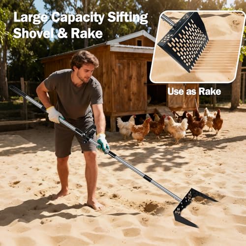 3-in-1 Heavy Duty Pooper Scooper, 23-76" Extra Long Adjustable Handle No Bend Back Pain Relief, 10" Stainless Steel Chicken Pooper Scooper Sifting Shovel Rake for Grass, Dirt, Gravel, Sand, Farm