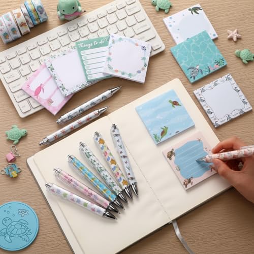18 Pcs Turtle Desk Accessories, 9 Pads Cute Sticky Notes, 9 Kawaii Pens, 3 x 3 Inches Notepads Memo Pad for Office Supplies Meeting Students School Decor Teacher Gifts - style: Turtles
