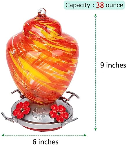 REZIPO Hummingbird Feeder with Perch - Hand Blown Glass - 38 Fluid Ounces Hummingbird Nectar Capacity Include Hanging Wires and Moat Hook (Yellow) - color: Yellow