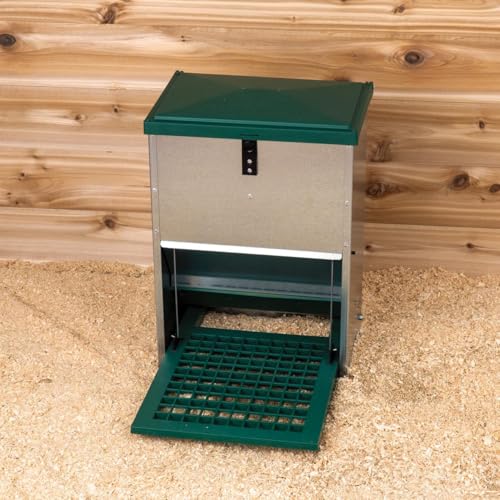 Hatching Time Treadle Chicken Feeder – 26 lb Capacity – Weight-Activated Outdoor Poultry Feeder – Rodent-Resistant, Galvanized Metal, Weatherproof Design for Chickens, Ducks, Game Birds - size: 26 Pound