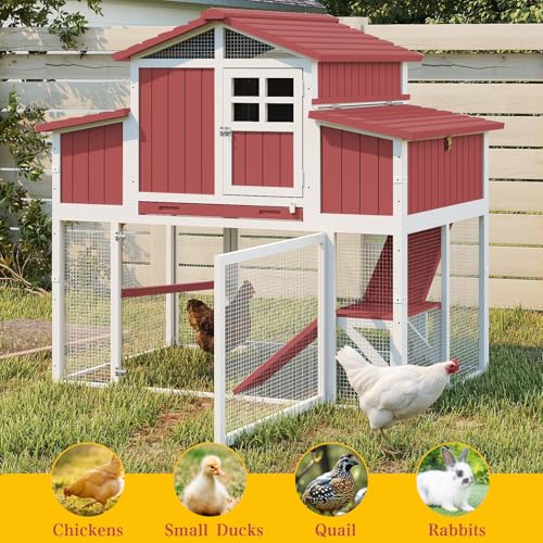 Large Chicken Coop Outdoor with Run, Hen House with Nesting Boxes, Rabbit Hutch Poultry Bunny Cage for 2-4 Chickens with Perches, Removable Tray (Red Chicken Coop 56.3" L x 35.24" W x 52.8" H)