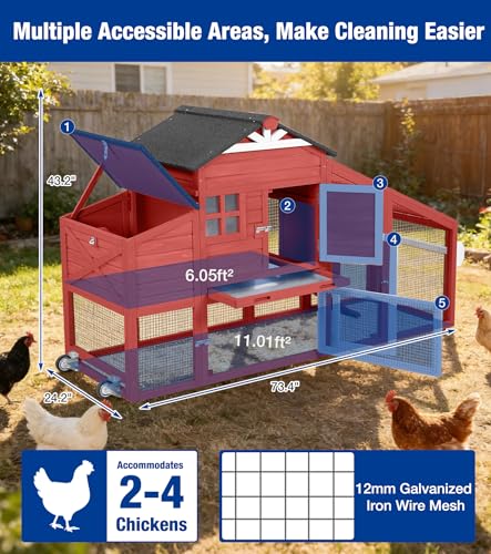 Mobile Chicken Coop with Run Outdoor Hen House with Slide-Out Tray Waterproof Roof Large Nesting Box 2 Perches Non-Slip Ramp Red - color: 73.4βL Red & White