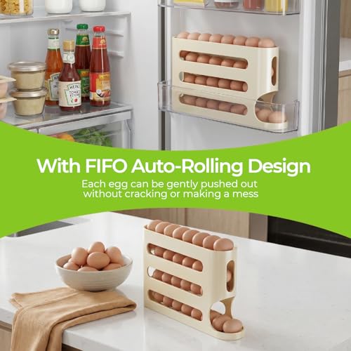 Egg Holder for Fridge, Egg container for refrigerator, Space-Saving Automatic Rolling Eggs Dispenser, 4 Tiers Fridge Egg Rack for Refrigerator Holds up to 30 pcs