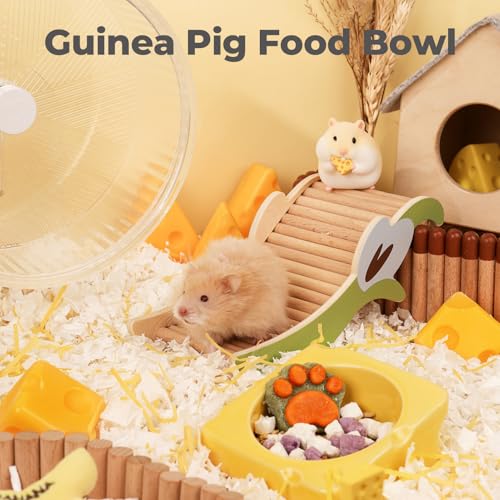 mini&moe Hamster Food Bowl - Ceramic Guinea Pig Bowl Chew-Proof Small Pet Anti-Turning Food & Water Feeding Dish for Rabbit, Gerbils, Mice, Rats, Chinchillas - 4.3in Cute Cheese-Shaped - color: yellow