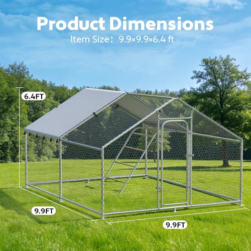 Large Metal Chicken Coop with Waterproof and UV-Resistant Cover, Chicken Run Outdoor Walk-in Cage Rabbit Duck Hen House for Yard Farm Use Spire Roof, 10’ W x 10’ L x 6.5’ H - size: 120.0"L x 120.0"W x 78.0"H