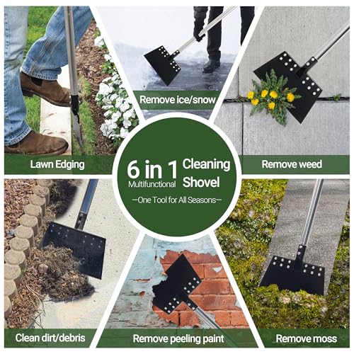 Weed Scraper 65in Garden Flat Shovel Floor Scraper Long Handle Heavy Duty Multi Weeding Shovel with 11in Spring Steel Blade Floor Scraper for Ice, Snow, Weed, Dirty, Moss, Driveway, Lawn Edging
