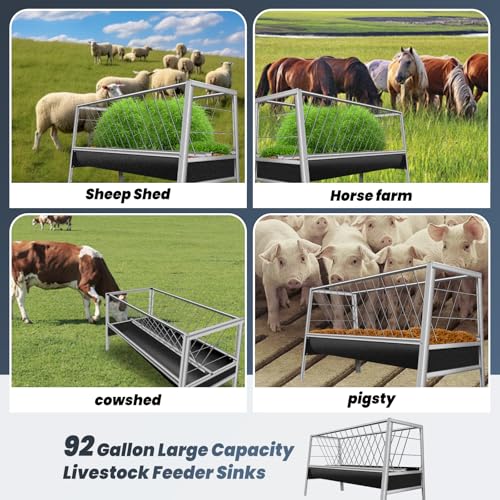 Goat Feeder, 92 Gallon Hay Feeder, Stainless Steel Livestock Hay Feeder, Sheep Feeder Trough for Barn or Outdoor Use, Free Returns! (2025 New)