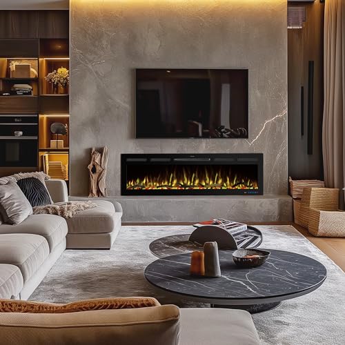 60" WiFi Electric Fireplace Inserts, Recessed and Wall Mounted Fireplace Heater W/Adjustable Flame Color & Brightness, Thermostat, 9H Timer, App and Remote Control, Low Noise, 750/1500W - size: 60" WiFi