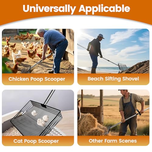 15 inch Extra Large Chicken Poop Scooper with Ergonomic Grip,5-in-1 Heavy Duty Adjustable Coop Scoop for Poop (24 to 68"), Stainless Steel Sifting Litter Shovel Scoop for Chicken Coop
