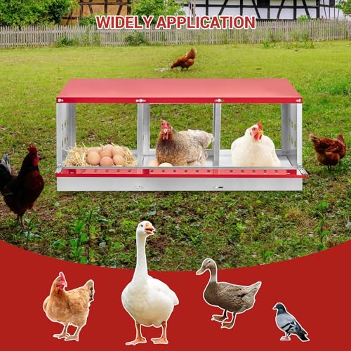 GarveeLife Chicken Nesting Boxes for Laying Eggs, Metal Chicken Nesting Box with Vented Holes and Swing Perch for Chicken Coop, Egg Laying Boxes for Chickens, Hens, Ducks (3 Compartments) - size: 3 compartments