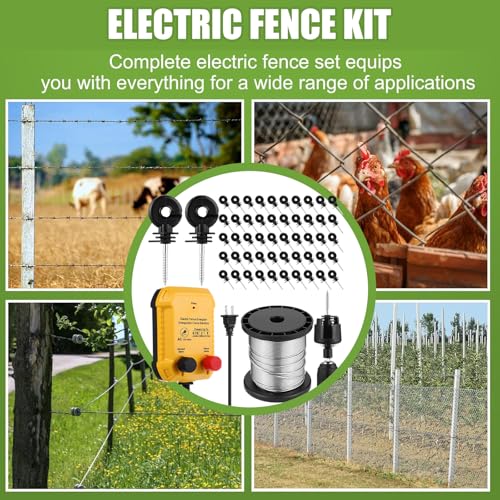 MorningRo Electric Fence Charger Set 110VAC 0.15 Joule Electric Plug in Fence to Contain Pet Poultry Keep Rodent, 50 Black Insulator and 1 Socket Tool 250ft Aluminum Wire for Garden Pond Protection - style: 0.15 Joule