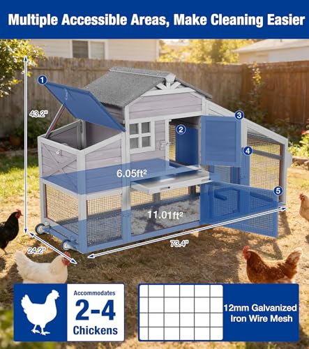 Mobile Chicken Coop with Run, Large Wooden Chicken House with Wheels, Duplex Hen House with Nesting Box, Slide-Out Tray, Waterproof Roof, Accommodates 2-4 Chickens - Grey - color: 73.4βL Light Grey