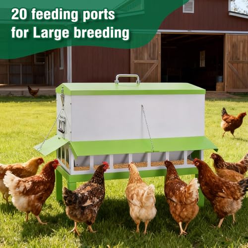 Automatic Chicken Feeder Large Capacity No-Waste Waterproof Poultry Feeder | Stainless steel metal feeder port Hens flocks ducks Roosters backyard Coop Outdoor conical Lid rodent rain proof hanging