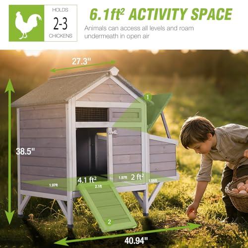 GUTINNEEN Small Chicken Coop Wooden Duck House for 2-3 Chickens with Nesting Box, Metal Tray, and Raised Legs, Foldable Door, and Perches 40.9" L