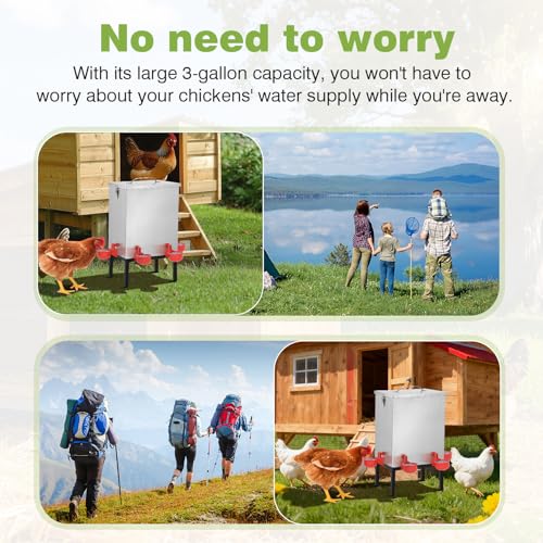 3 Gallons Chicken Waterer,Stainless Steels Automatic Chicken Waterer with Latch and Bottom Bracket,Poultry Watering 4 Water Cups Chicken Feeder Waterer and 4 Horizontal Automatic Chicken Nipples