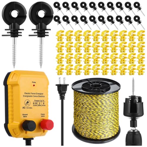 MorningRo Electric Wire Fence Kit, 2 Mile 110VAC 0.15 J Plug in Fence Charger with 3366 FT Polywire, 40 T Post Insulators, 20 Screw in Insulators for Pasture Farm Horse Cattle Poultry Fencing - size: 3366FT, style: 0.15J