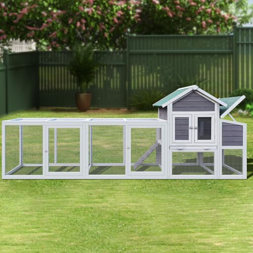 122" Large Chicken Coop with Nesting Box and Run, Outdoor Wooden Poultry Cage with Waterproof Asphalt Roof, Pull-Out Tray, and Ramp, Hen House for 3–6 Chickens, Grey - color: Grey