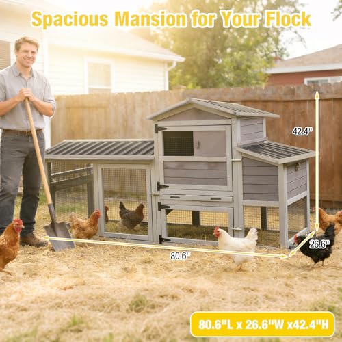 Aivituvin Large Chicken Coop Wooden with Wheels, Mobile Chicken Coop with Nesting Box & Waterproof Asphalt Roof, Expandable Chicken Cage with Run for 2–3 Chickens, Duck House - color: Grey, size: 80.6"L x 26.6"W x 42.4"H