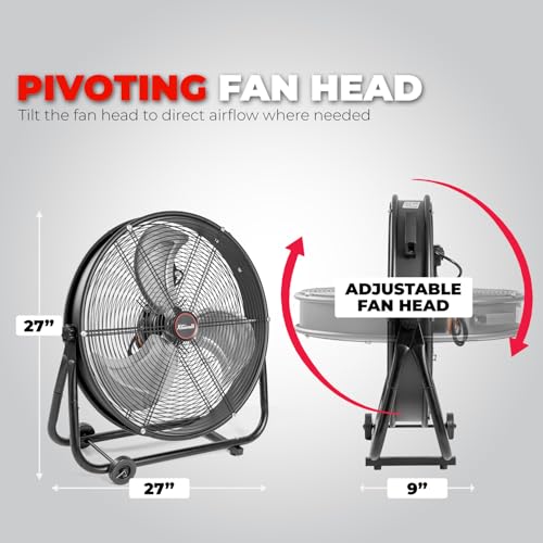XtremepowerUS 24" Industrial Shop Fan High-Velocity Flow Drum Fan Floor Fan Rolling Drum Garage Tilt 3 Adjustable Speed Commercial, Gym, Garage Use, Black - size: 24" Rolling Floor