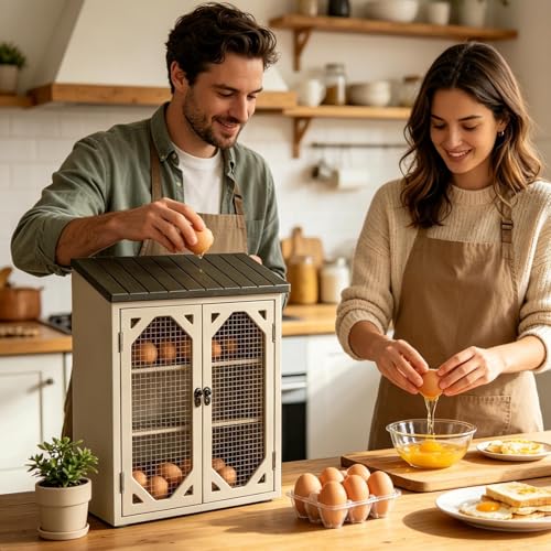 Wooden Fresh Egg Holder Countertop, Egg Storage Rack with Wire Mesh Window for Countertop, Farmhouse Storage Organizer Cabinet with Double Doors for Home Kitchen