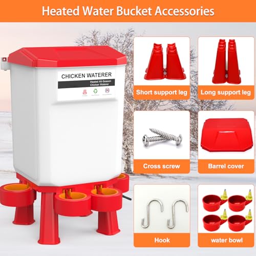 Heated Chicken Waterer, Plastic Chicken Water Heater, Anti-Freeze Heated Poultry Drinker with 4 Cups, Winter and Summer Dual-use, Poultry Water Heater for Chickens, Ducks, Geese - Dark Red, 11L