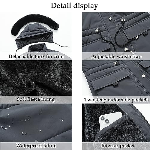 MOERDENG Women's Warm Winter Puffer Coat Thicken Fleece Lined Down Jacket Faux Fur Detachable Hood Snow Parka - color: Darkgrey, size: Large