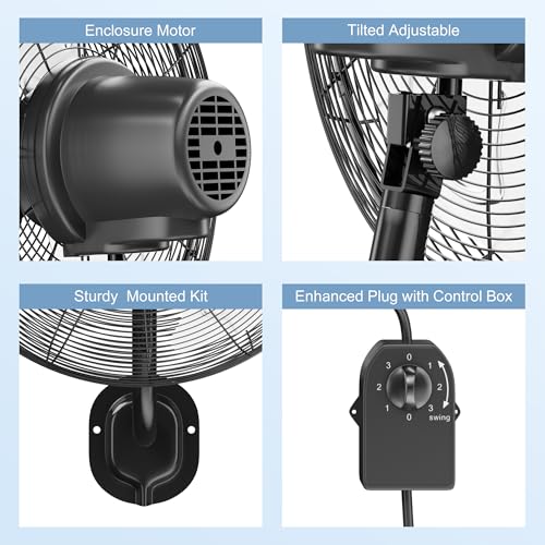 MEPTY 20" Wall Mount Fan, Heavy Duty Industrial Outdoor Wall Fan, High Velocity Oscillating Fans with 3 Speeds for Patio, Shop, Greenhouse, Garage, Commercial, Household use - size: 20inch