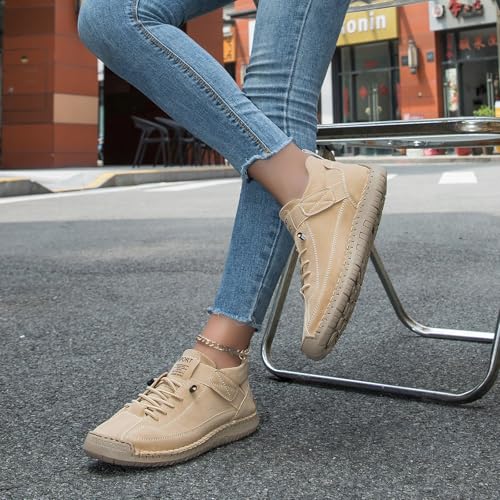 Womens Hand Stitching Leather Slip-On Ankle Boots with Adjustable Elastic Band Casual Lightweight Non-Slip Walking Loafers Retro High Top Flat Boat Shoes - color: Beige, size: 8.5 Wide