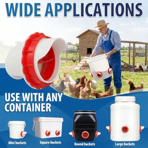 DIY Chicken Feeder Ports, 4 Ports Chicken Feeder No Waste, DIY Automatic Poultry Feeder Cups Kit, Rain Proof Gravity Feeder Port with Hole Saw for Buckets Barrels Bins Troughs