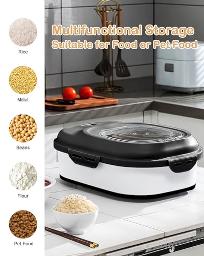 20-50 Lbs Food Storage Containers,Collapsible Rice Container with Wheel Airtight Locking Lid,Flour Storage Container with Small Food Container and Scoop,Suitable for Food,Rice,Pet Food,Flour - color: Black/20-50LBS